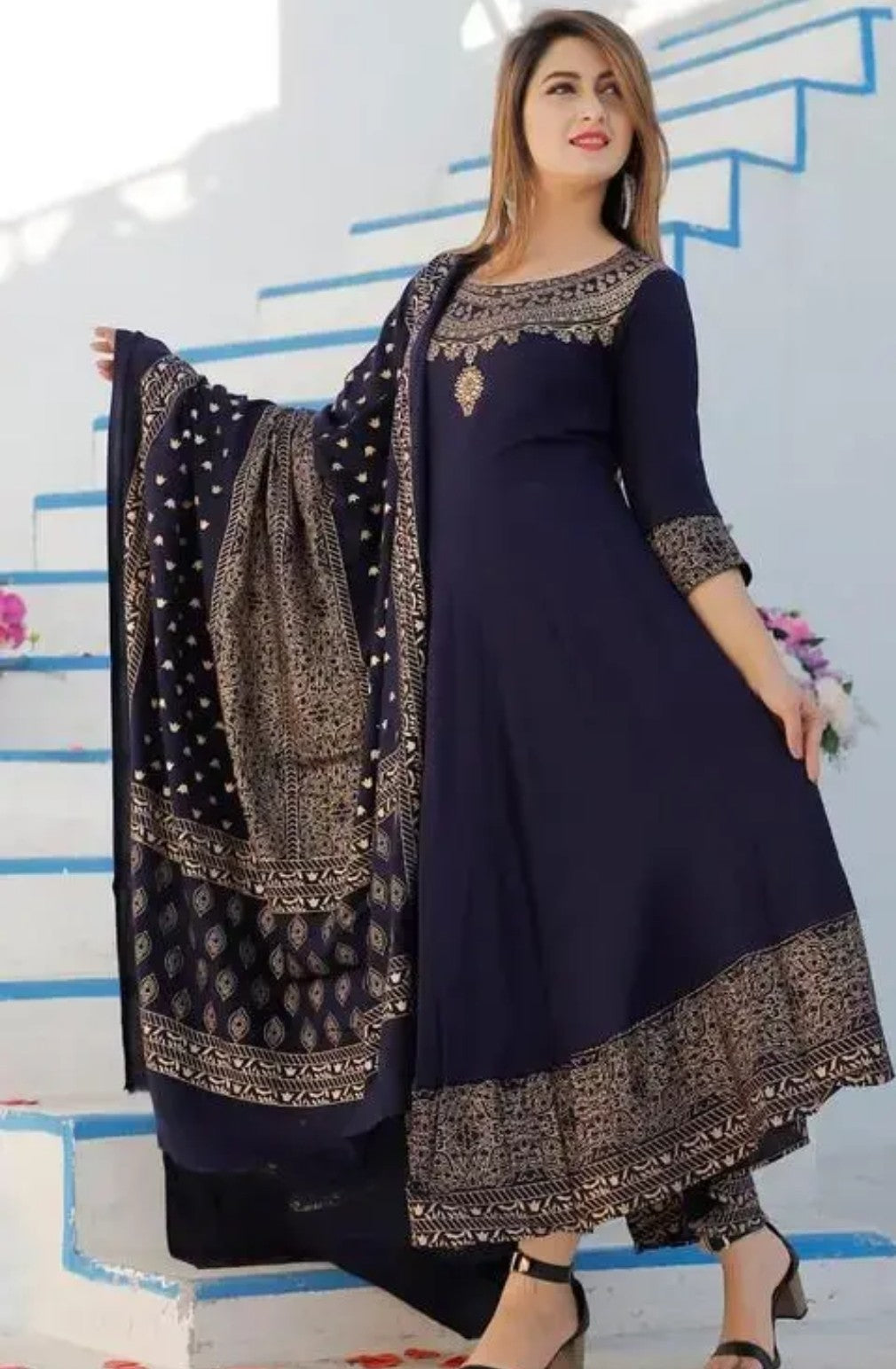 Woman Anarkali Rayon Kurti And Dupatta Long Size Blue in colour