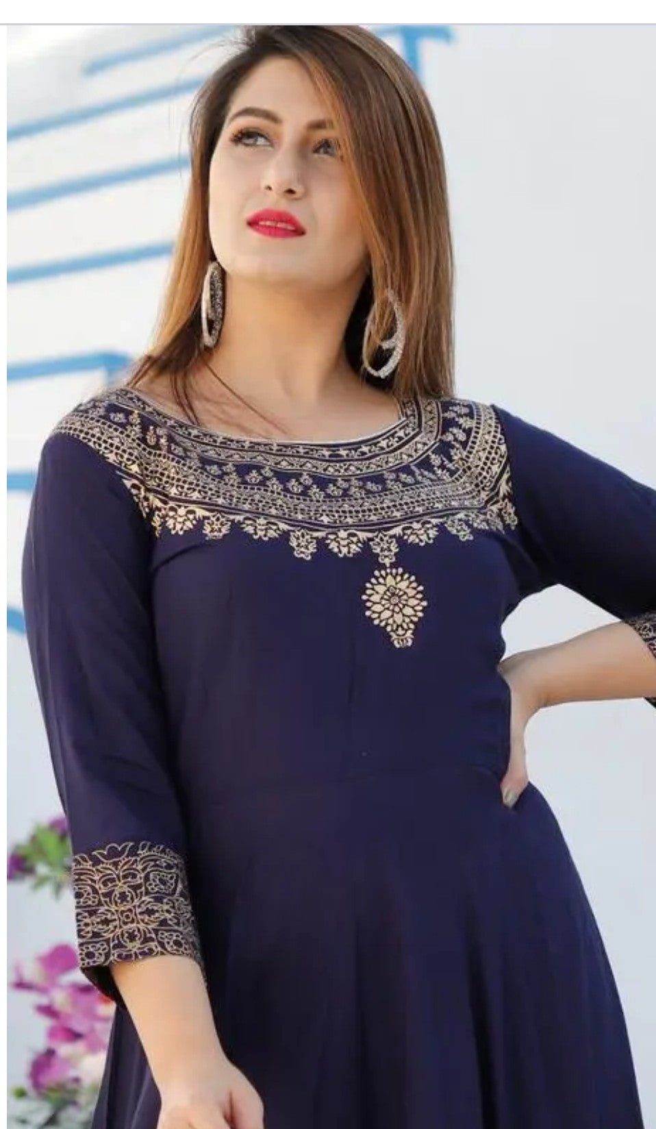 Woman Anarkali Rayon Kurti And Dupatta Long Size Blue in colour
