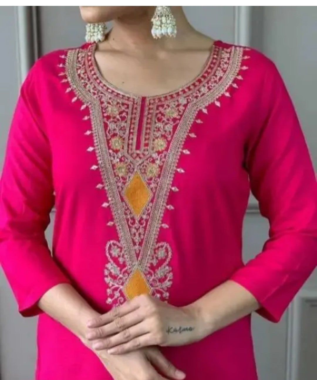 Pink Fancy embroidery kurti pant with dupatta set