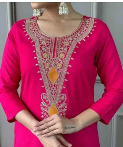 Pink Fancy embroidery kurti pant with dupatta set